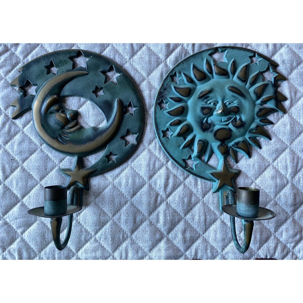 Vintage 1994 Partylite Sun and Moon Wall Sconce Pair Teal Verdigris Celestial - Picture 2 of 14